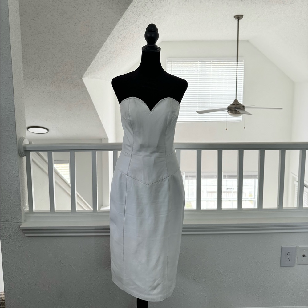 White leather strapless corset midi